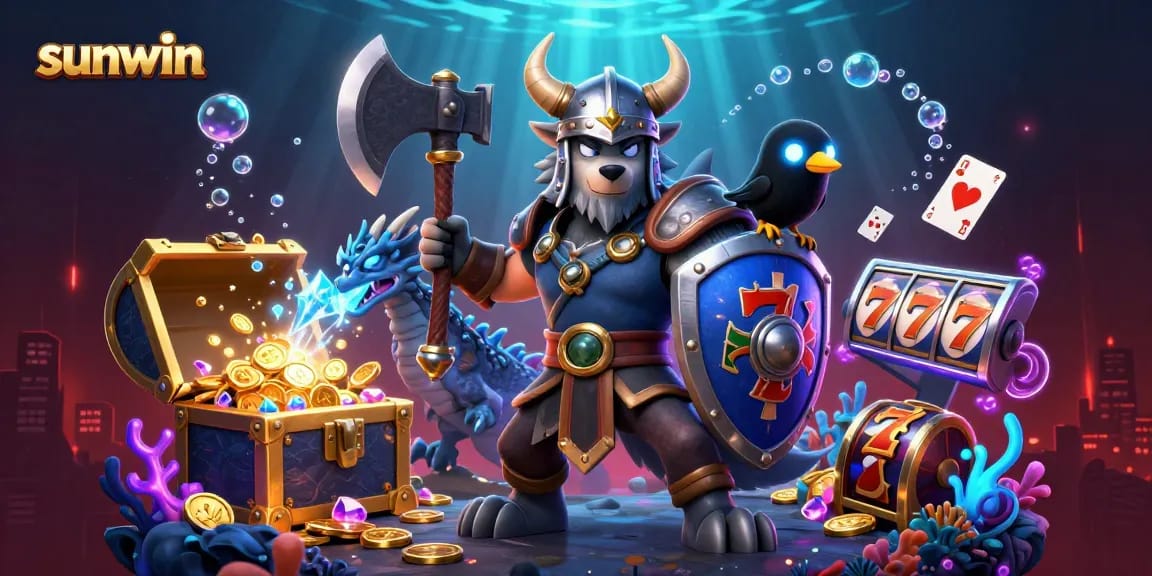 Win big with sunwin's jackpot games in a vibrant 3D illustration scene.