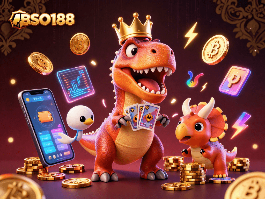 Engage with BSO188's vibrant 3D casino scene featuring dinosaurs and crypto elements!