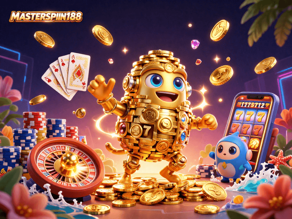 Experience the thrill of gaming with MASTERSPIN188's golden golem and dazzling casino elements.