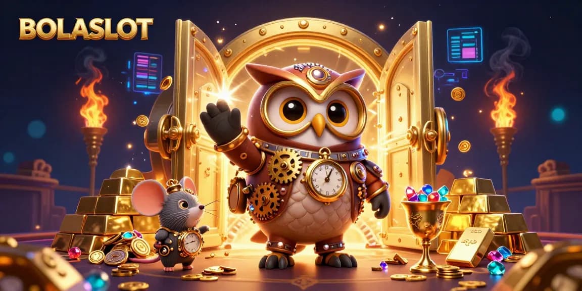 Win big at BOLASLOT with vibrant steampunk-themed casino illustration featuring a golden vault and treasure.