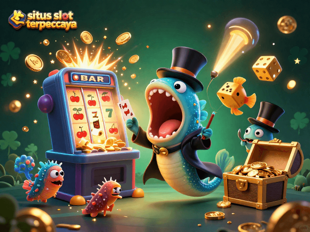 Seorang pemancing dalam kelompok, gulper eel beraksesoris, bermain di situs slot terpercaya dengan jackpot berlimpah.