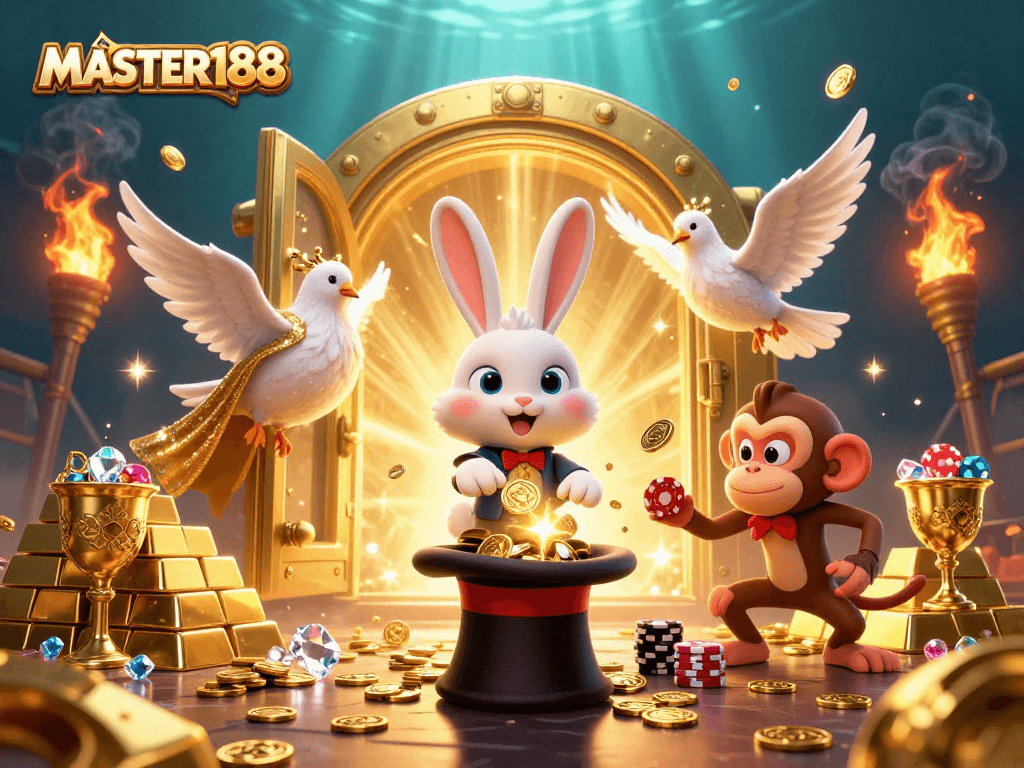 Engage with thrilling MASTER188 gaming magic featuring a magician rabbit, sparkling coins, and vibrant casino elements.