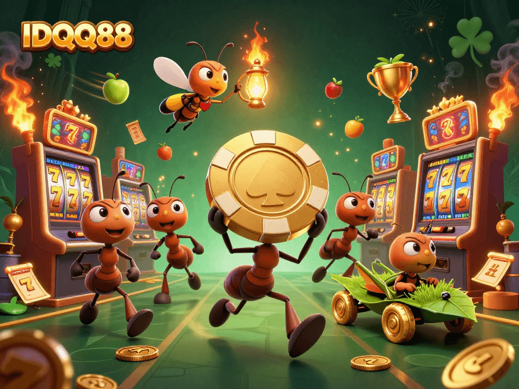 Experience the thrilling heist of IDQQ88 as ants carry a golden poker chip in a vibrant casino setting.